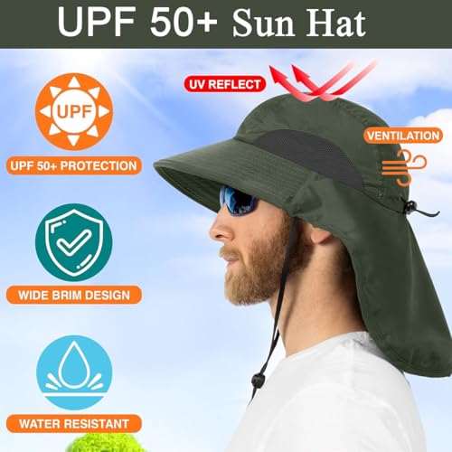 Gustave® Unisex Wide Brim Bucket Sun Hat with Neck Flap & Adjustable Chin Strap, UV Protection, Water Repellent, Breathable Quick Dry Mesh, Foldable Packable Outdoor Cap for Hiking, Fishing Green - Image 4