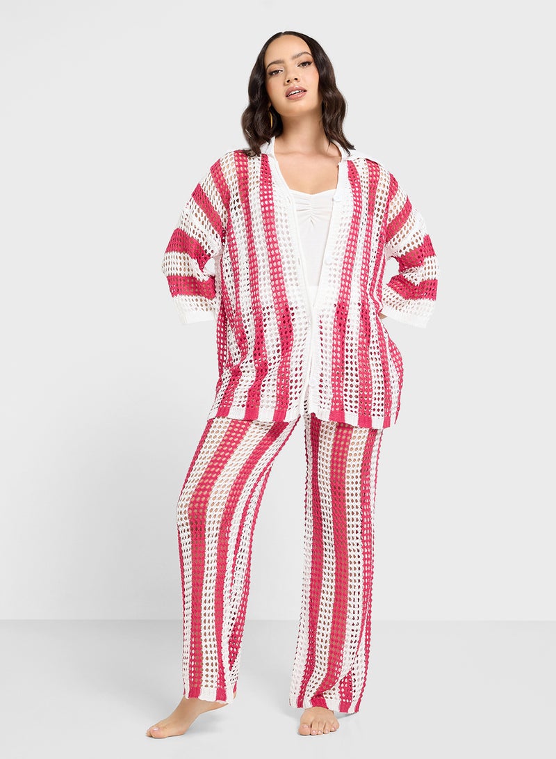 Ginger Stripe Crochet Oversize Shirt & Pant Set  - Image 1
