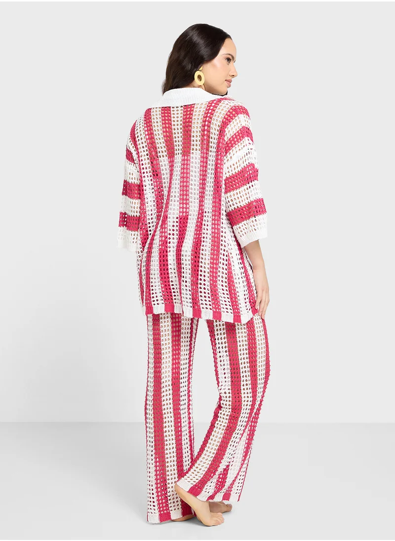 جينجر Stripe Crochet Oversize Shirt & Pant Set