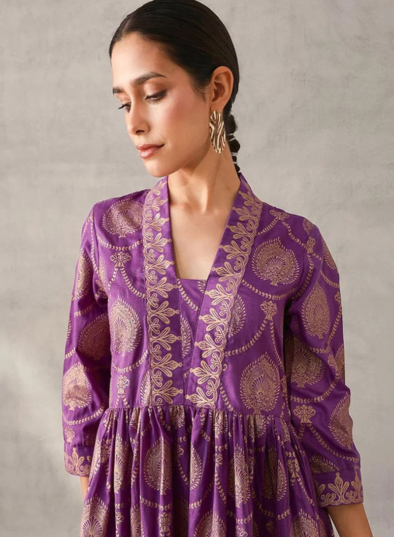 ISHIN Women's Purple Chinon Printed Tunic Fit & Flared Kurta