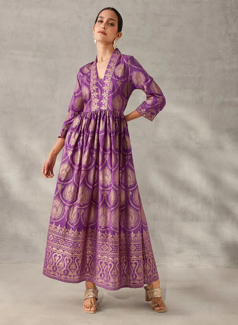 ISHIN Women's Purple Chinon Printed Tunic Fit & Flared Kurta