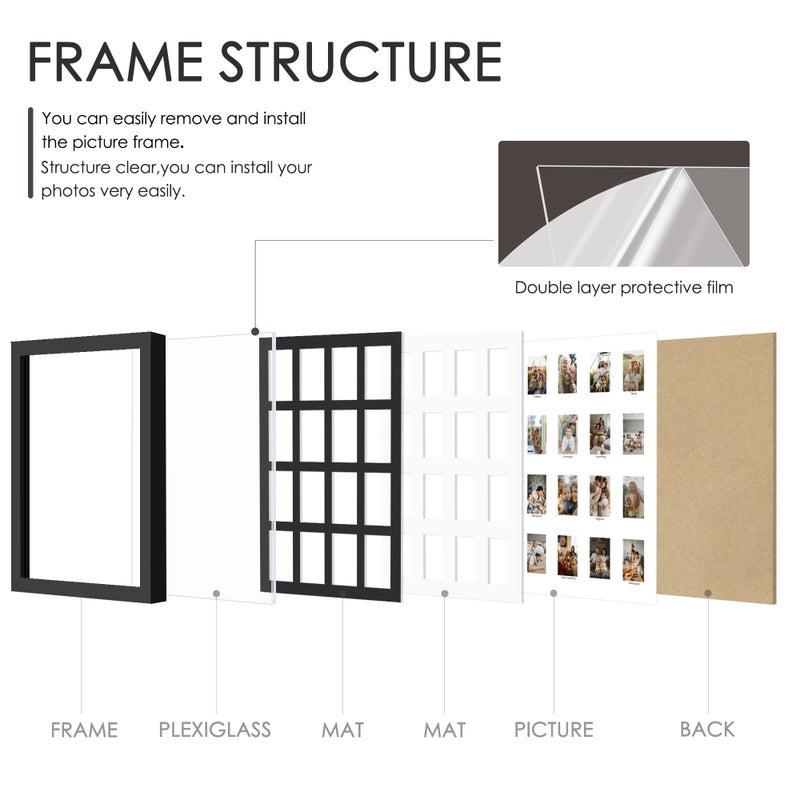 DUENPY 11.4x16.1 Polaroid collage frame for Polaroid 2x3 Mini Instant Prints Photo with 16 Openings, Mini Picture Frames Wall Display with Polished Plexiglas Balck - Image 4