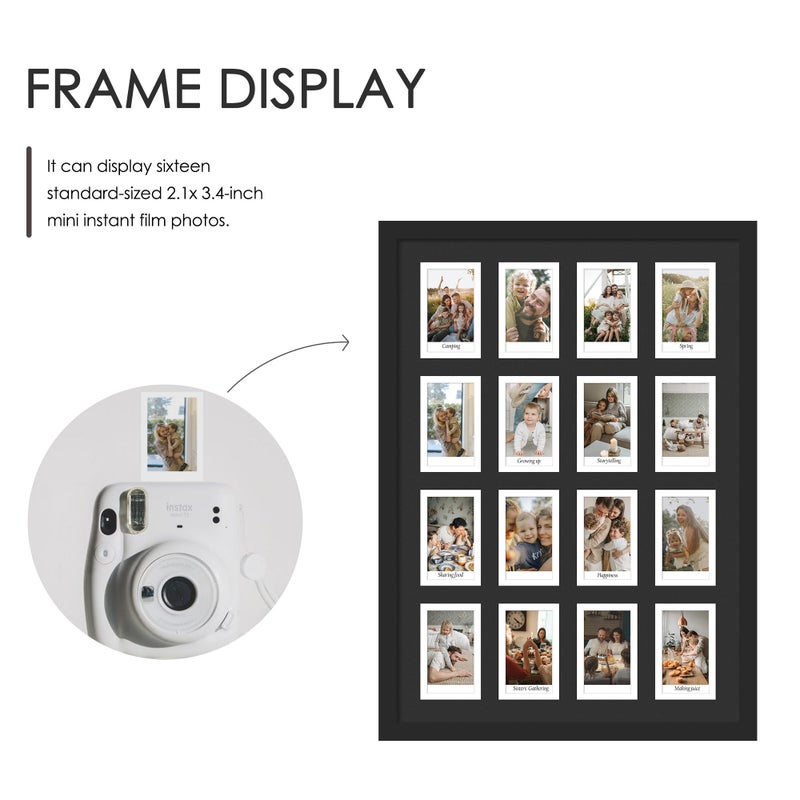 DUENPY 11.4x16.1 Polaroid collage frame for Polaroid 2x3 Mini Instant Prints Photo with 16 Openings, Mini Picture Frames Wall Display with Polished Plexiglas Balck - Image 3