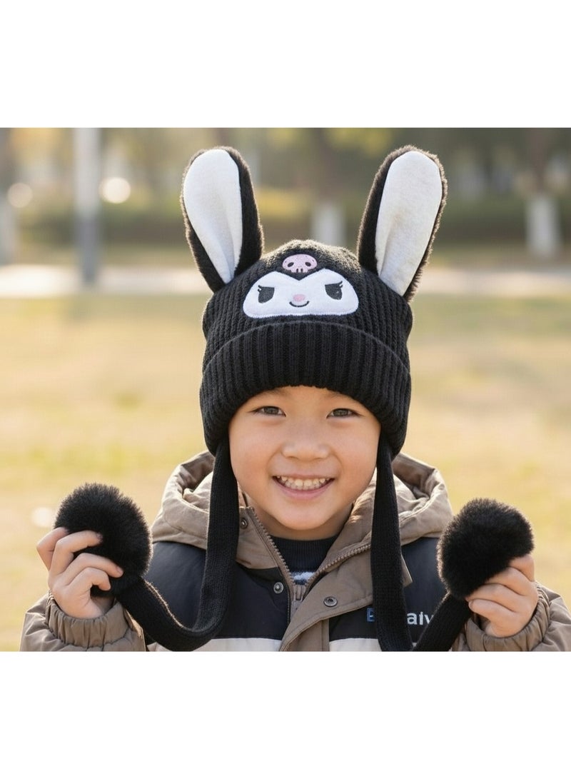 zoba Cute cartoon design winter hat for kids - soft wool hat with a push mechanism to move the ears - interactive and fun for children - warm and lightweight with push balls at the ends - suitable for girls and boys (black) - Image 5