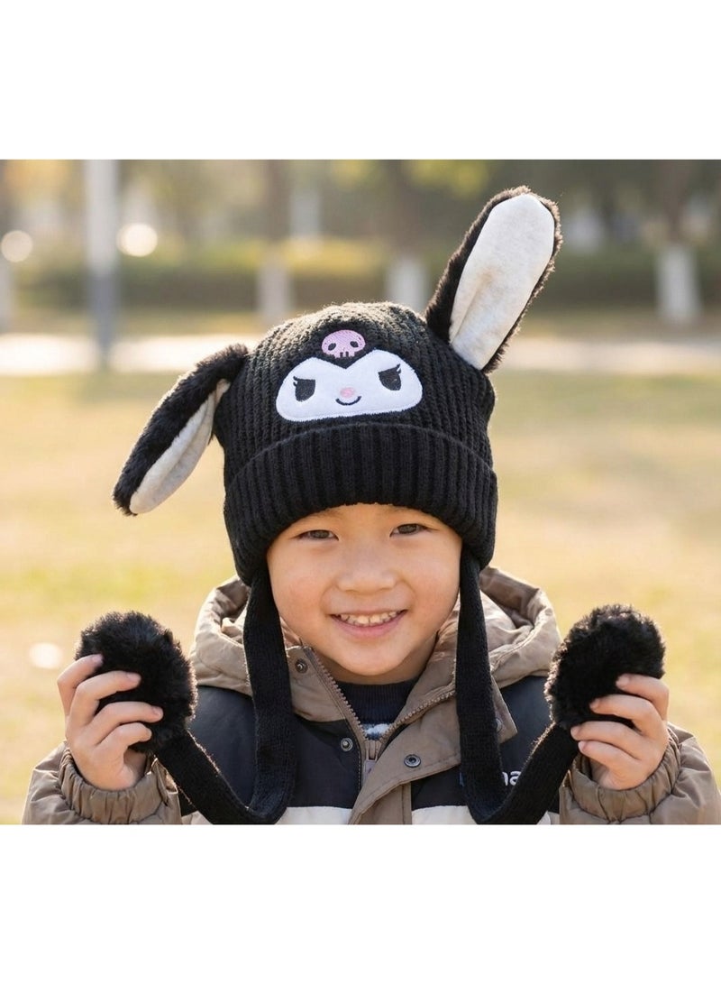 zoba Cute cartoon design winter hat for kids - soft wool hat with a push mechanism to move the ears - interactive and fun for children - warm and lightweight with push balls at the ends - suitable for girls and boys (black) - Image 2