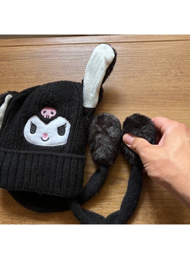 zoba Cute cartoon design winter hat for kids - soft wool hat with a push mechanism to move the ears - interactive and fun for children - warm and lightweight with push balls at the ends - suitable for girls and boys (black) - Image 3