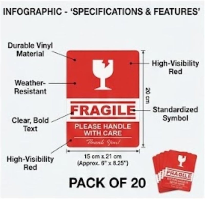 Hasanat Essentials Fragile Warning Stickers - High-Visibility Red Adhesive Labels for Shipping and Moving 15x20cm - Image 2