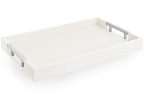 Home Redefined Modern Elegant 175x12 White Rectangle Shagreen Faux Leather Decorative Tray Ottoman Coffee Table Perfume Living Room Kitchen Serving Tray with Silver Metal Handles for All Occasions - Image 1