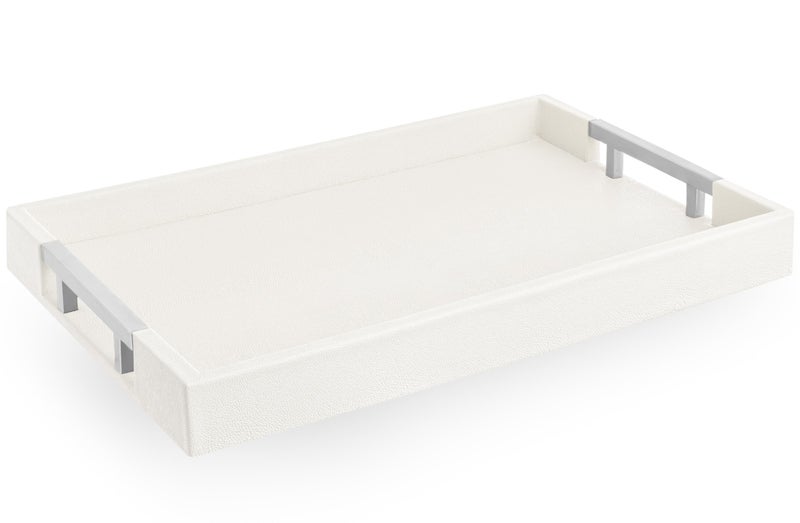Home Redefined Modern Elegant 175x12 White Rectangle Shagreen Faux Leather Decorative Tray Ottoman Coffee Table Perfume Living Room Kitchen Serving Tray with Silver Metal Handles for All Occasions - Image 2