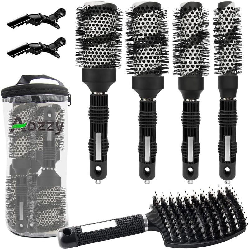 Aozzy 5pcs Professional Salon Styling Brush Set Pottery Lonic Round Hair Brush Set for Blow Drying Curling Barrel Hairdressing Brushes Sets Hair Drying Brush Round Set Black