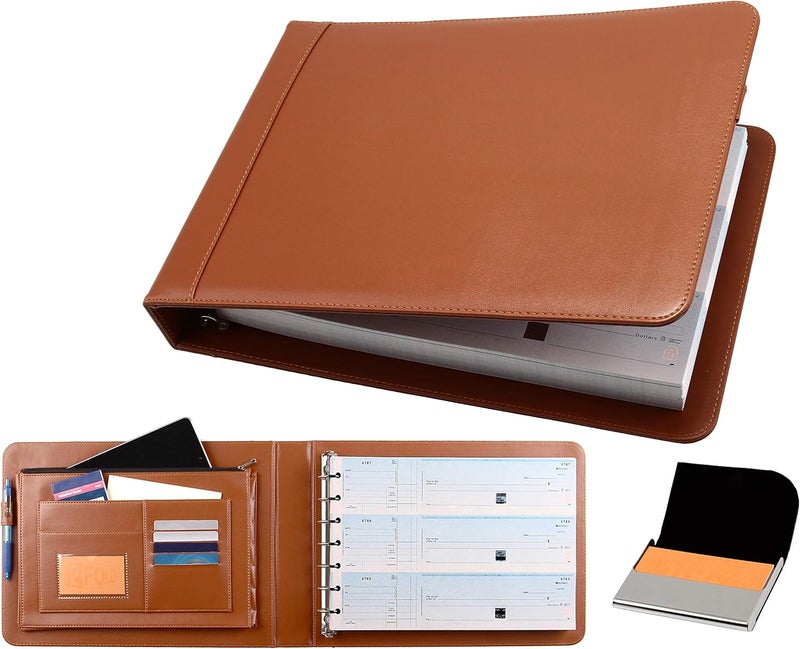 2Fold Business Check Binder 7 Ring for 3-Up Business Size Checks with Extra Business Card Case - PU Leather Deluxe 7 Ring Checkbook Binder Portfolio with 600 Check Capacity and Storage - Image 1