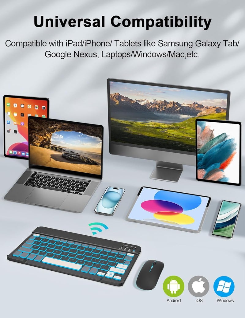 Nsyee Backlit Bluetooth Keyboard and Mouse, Universal Compact Wireless Keyboard, Rechargeable Portable Keyboard for iPad/Samsung/Tablet/iOS/Android/Windows, UK Layout - Image 2