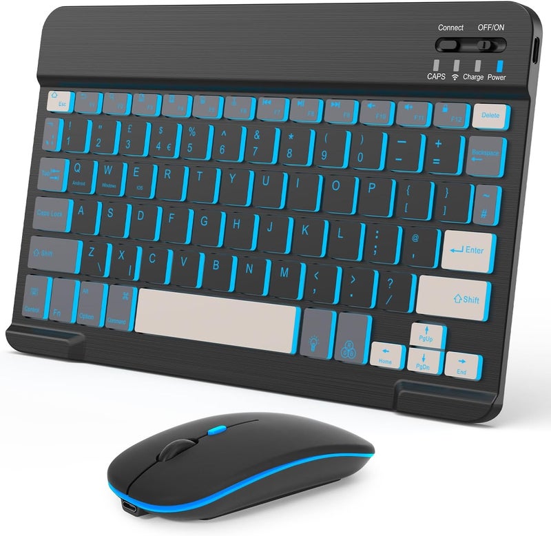 Nsyee Backlit Bluetooth Keyboard and Mouse, Universal Compact Wireless Keyboard, Rechargeable Portable Keyboard for iPad/Samsung/Tablet/iOS/Android/Windows, UK Layout - Image 1