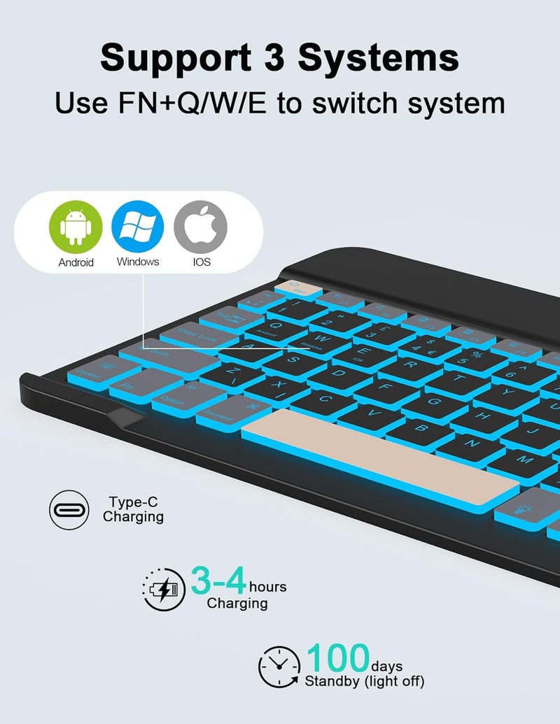 Nsyee Backlit Bluetooth Keyboard and Mouse, Universal Compact Wireless Keyboard, Rechargeable Portable Keyboard for iPad/Samsung/Tablet/iOS/Android/Windows, UK Layout - Image 5