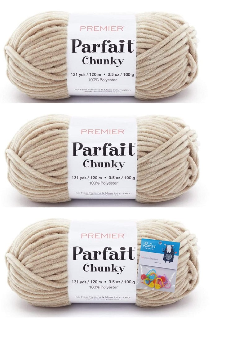 Bella's Crafts Premier Yarns Parfait Chunky Chenille Yarn 3.5 Oz 6 Super Bulky Weight 3 Pack Bundle with Bella's Stitch Place Holders (Toffee) - Image 1