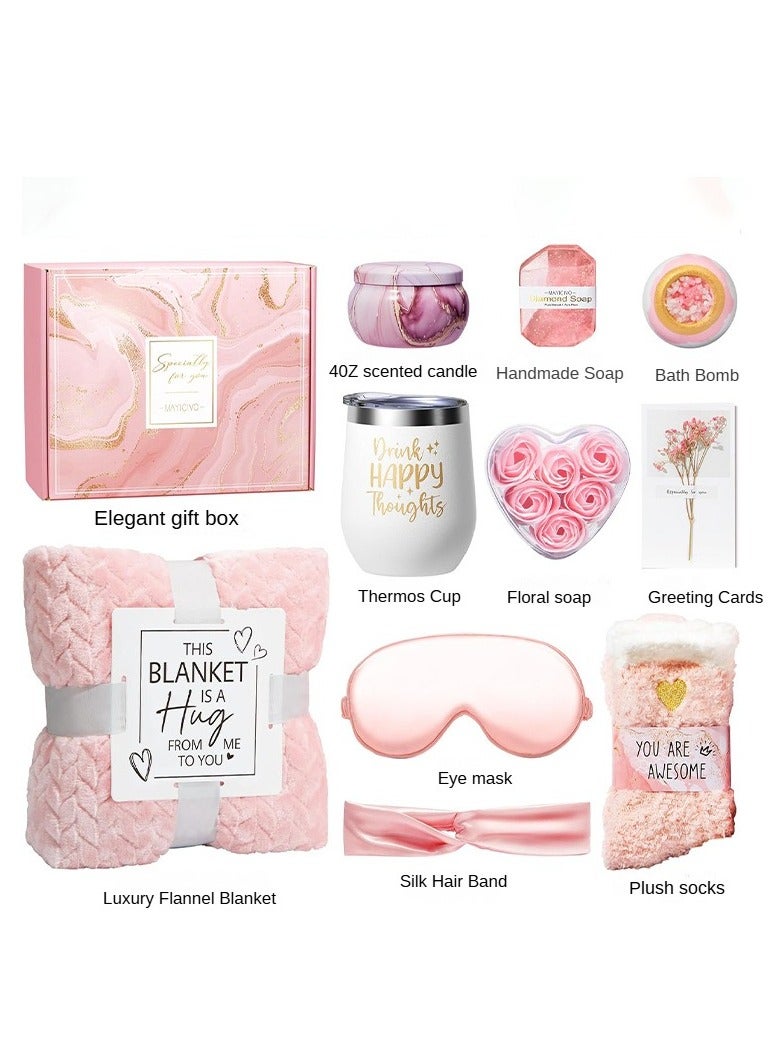 Generic Hot Selling Gift Set/Birthday Gift/Holiday Gift/Lady Gift Set, suitable for female friends, sisters, mothers, wives, girlfriends, colleagues, girlfriends, the products include 40Z scented candles/handmade soaps/rose bath bombs/luxury flannel blankets/thermos mugs/eye masks/silk headbands/floral soaps/greeting cards/plush socks/gift boxes - Image 2