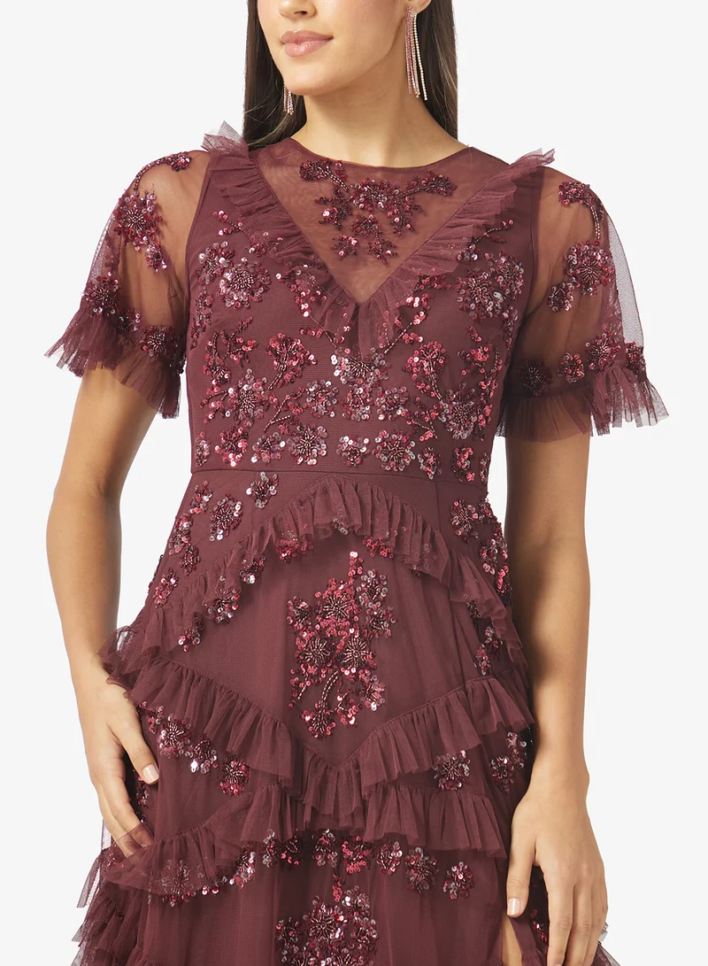 Maya  Embellished Angel Sleeve Ruffled Maxi Dress for Women | Best Price UAE