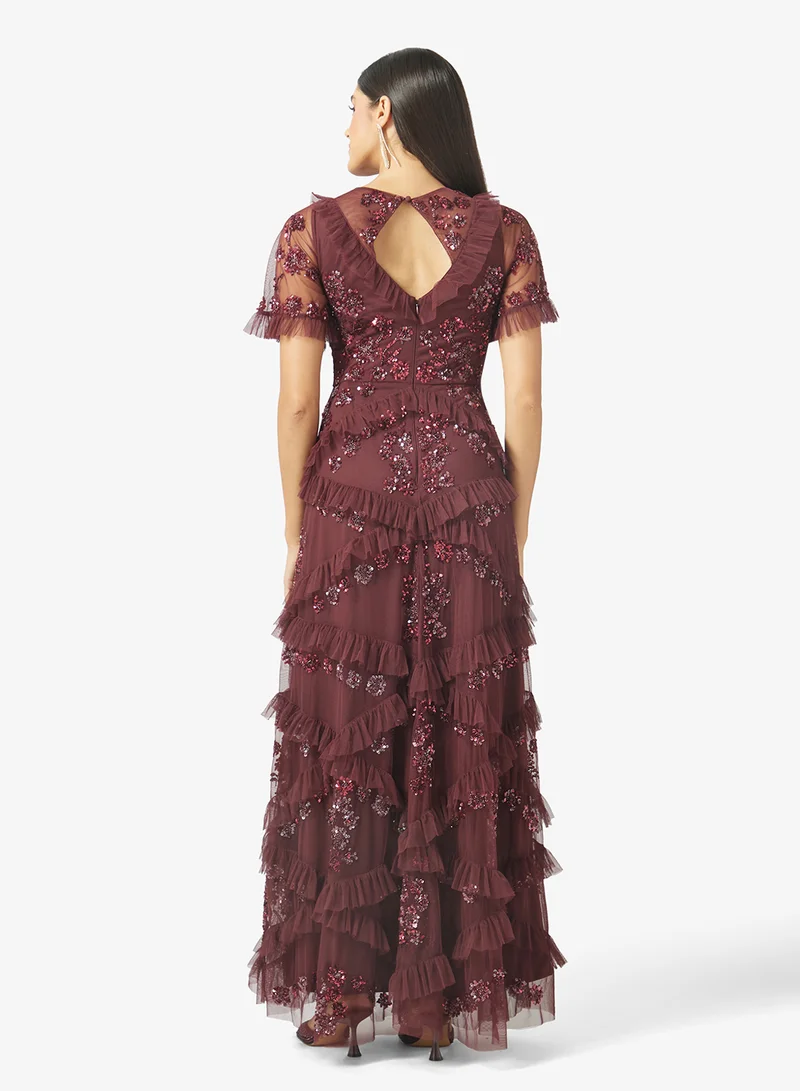 مايا Embellished Angel Sleeve Ruffled Maxi Dress