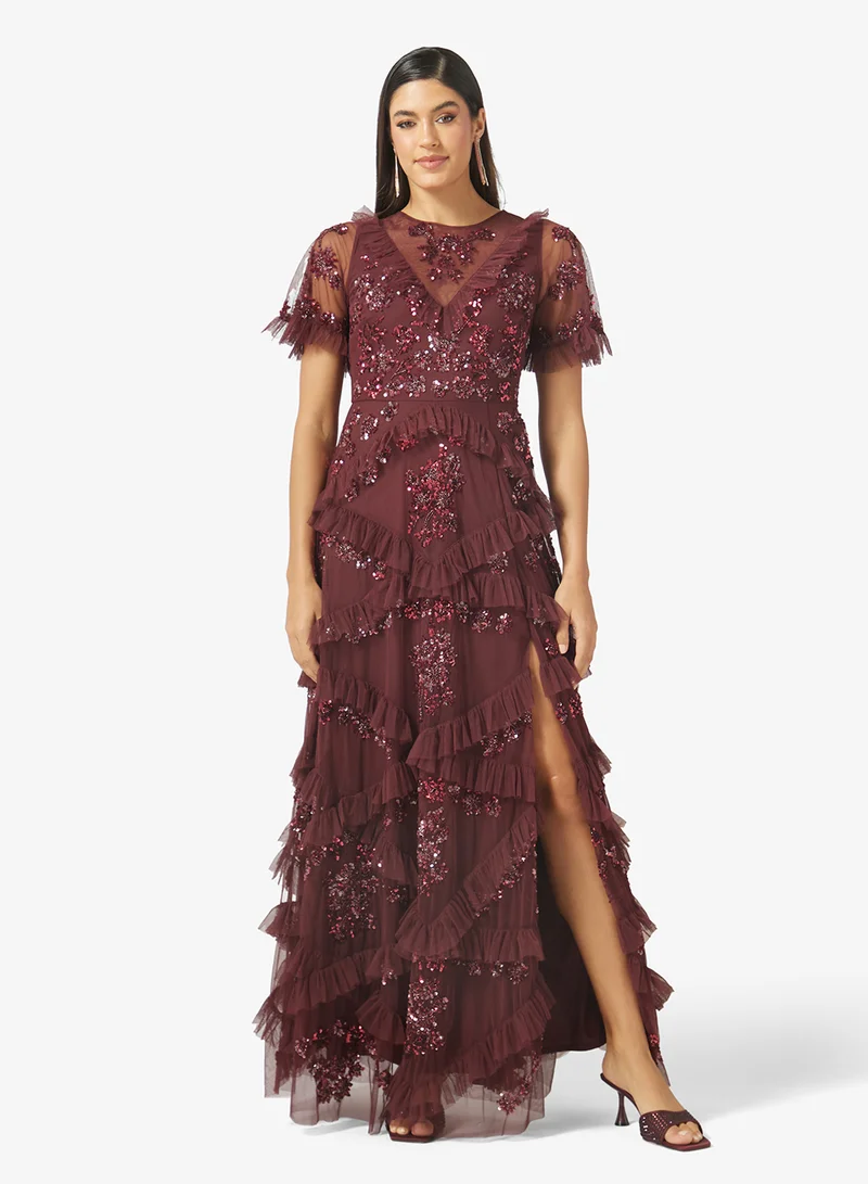 مايا Embellished Angel Sleeve Ruffled Maxi Dress