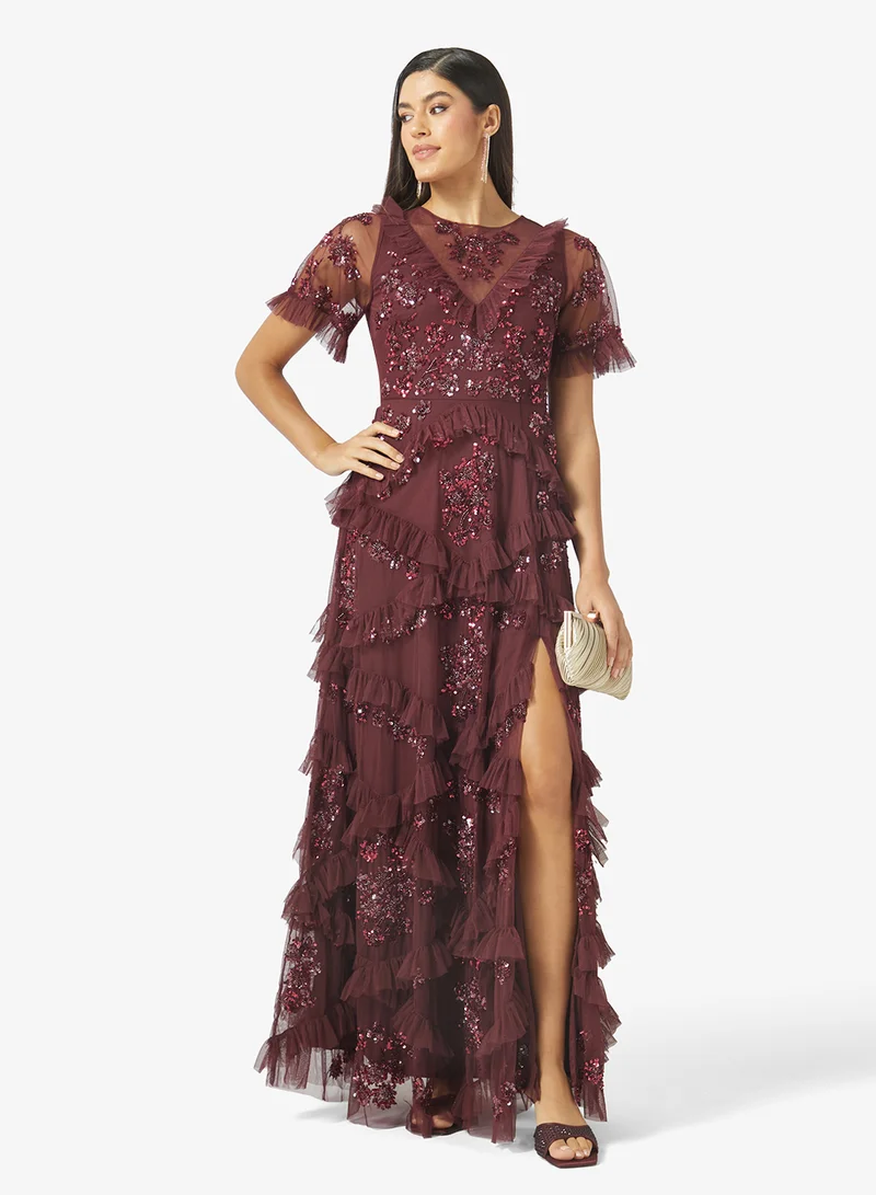 Maya  Embellished Angel Sleeve Ruffled Maxi Dress for Women | Best Price UAE