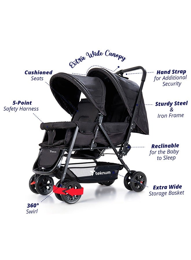 TEKNUM Double Baby Stroller with Hooks - Black - Image 4