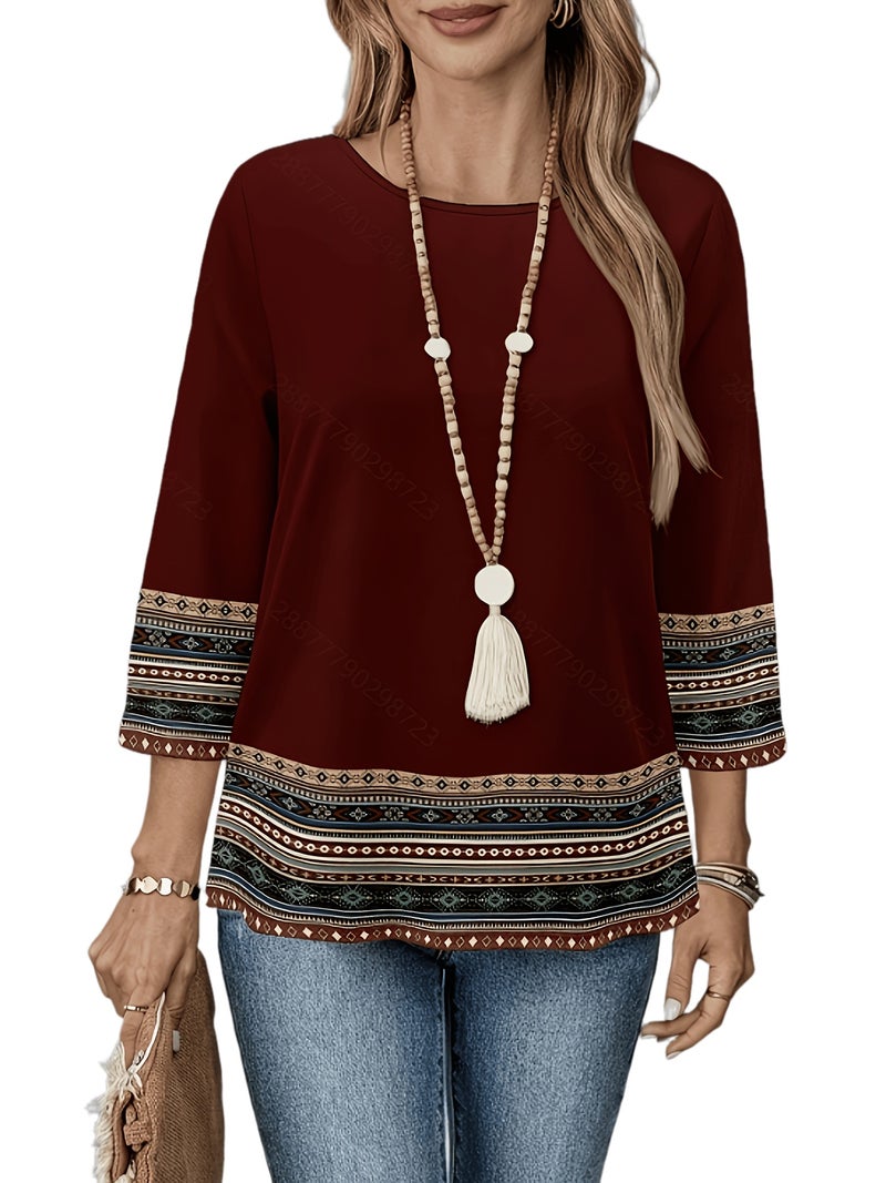 Light Luxury Bohemian Ethnic Print Top, Women's Loose Fit Three - Quarter Sleeve Round Neck Shirt - Burgundy / S - Image 1