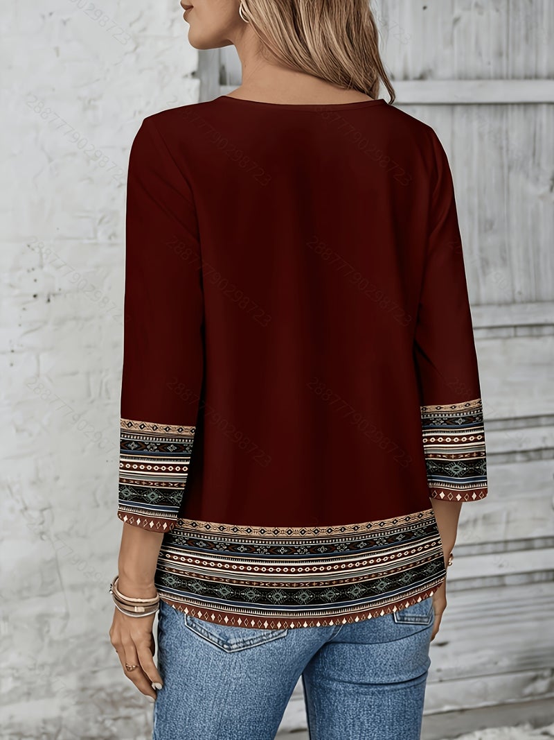 Light Luxury Bohemian Ethnic Print Top, Women's Loose Fit Three - Quarter Sleeve Round Neck Shirt - Burgundy / S - Image 2