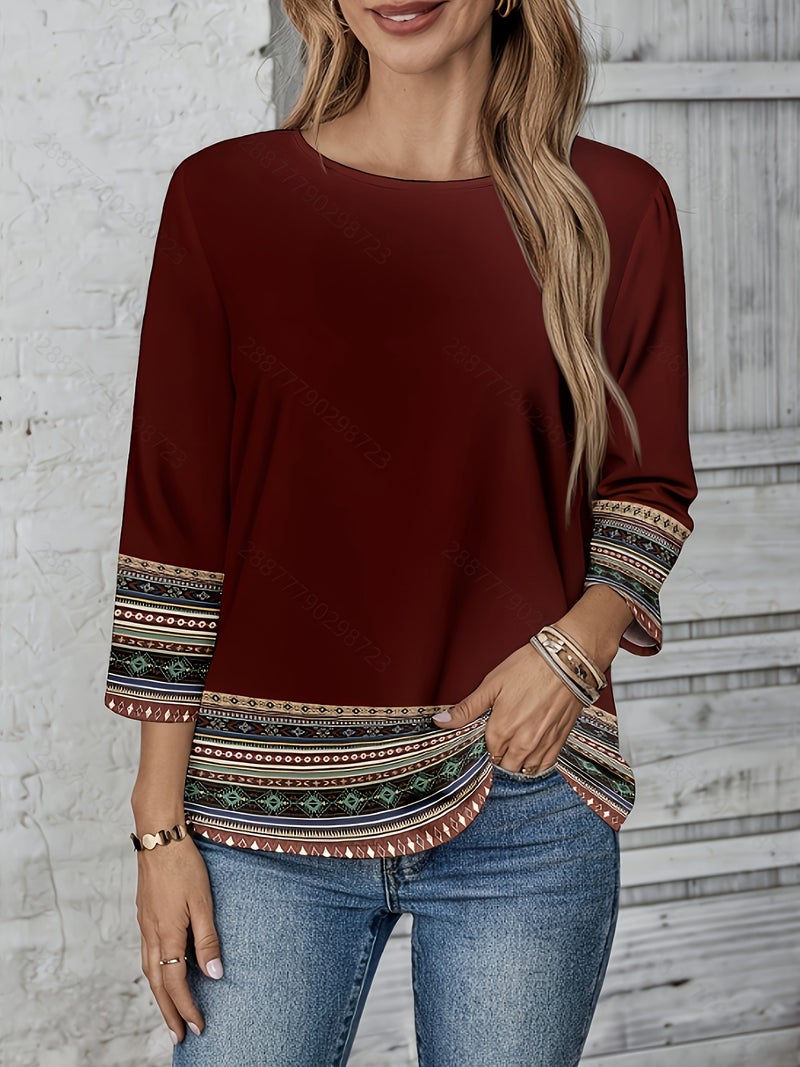 Light Luxury Bohemian Ethnic Print Top, Women's Loose Fit Three - Quarter Sleeve Round Neck Shirt - Burgundy / S - Image 3