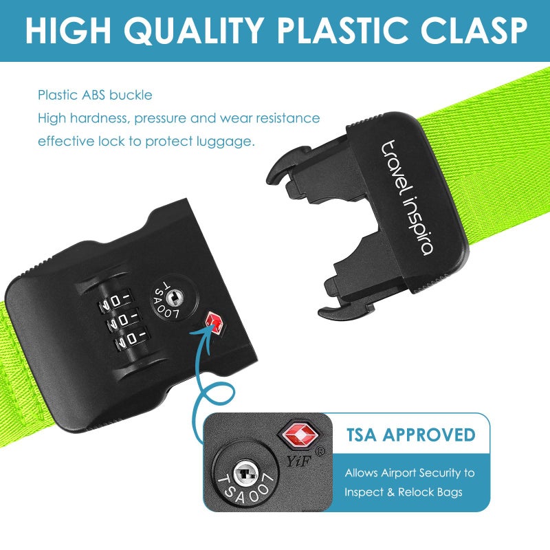 travel inspira Travel Inspira Luggage Straps with TSA Combination Lock - Adjustable, Easy to Use, Protect Your Luggage, Fluorescent Green  - Image 4