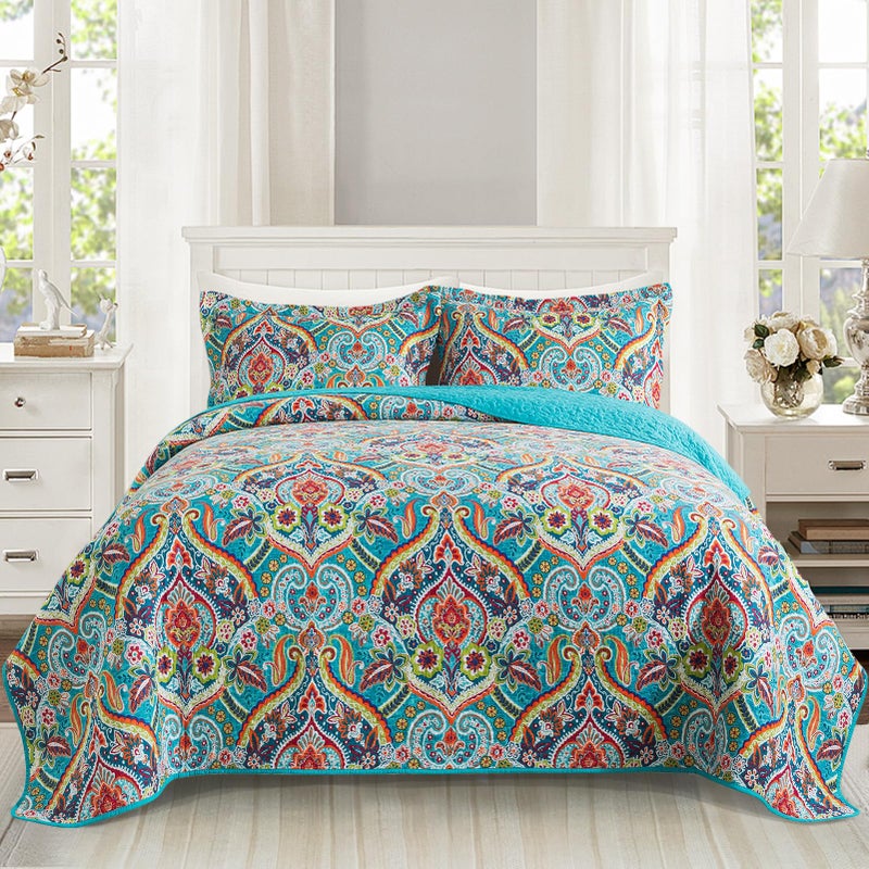 VAPUTAR Quilt California King Size Bedding Set - Cotton California King Quilt (108 * 118 Inch) - Boho Lightweight Reversible Oversized Bedspread for Farmhouse Bedroom (Teal), 3 Pieces - Image 1