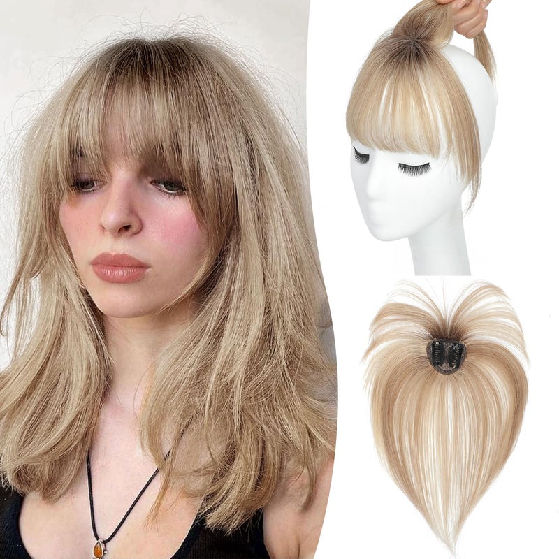 UDU Clip in Bangs Bangs Hair Clip Fake Bangs Clip In Bangs Real Human Hair Hairpieces Ombre Blonde 360 Cover Clip on Bangs for Women Fringe with Temples Wispy Bangs Clip In Hair Extensions French Bangs