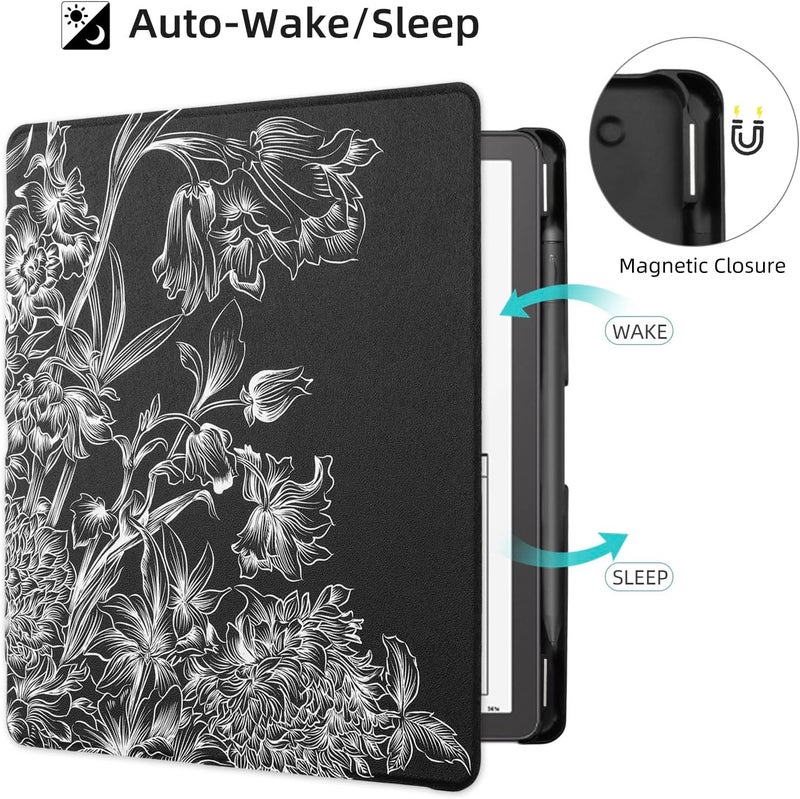 WALNEW Case Cover for 10.2-inch Kindle Scribe (2022 Released), Smart PU Leather Cover with Pen Holder and Auto Wake/Sleep for 10.2” Amazon Kindle Scribe E-Reader (Black Flower) - Image 3
