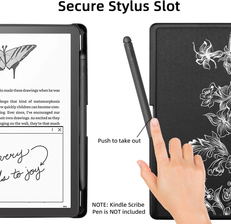 WALNEW Case Cover for 10.2-inch Kindle Scribe (2022 Released), Smart PU Leather Cover with Pen Holder and Auto Wake/Sleep for 10.2” Amazon Kindle Scribe E-Reader (Black Flower) - Image 2