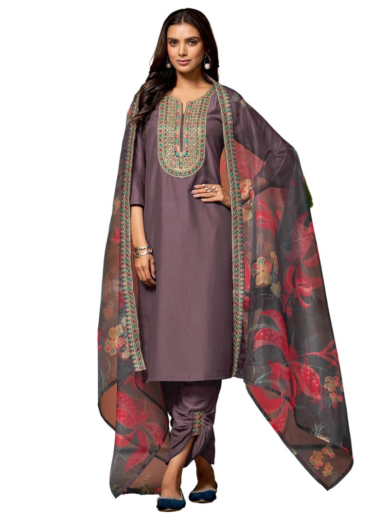 EthnicJunction Women's Chinon Embroidered Kurta Set With Organza Dupatta (SKD101-Vrinda-Purple_M) - Image 1