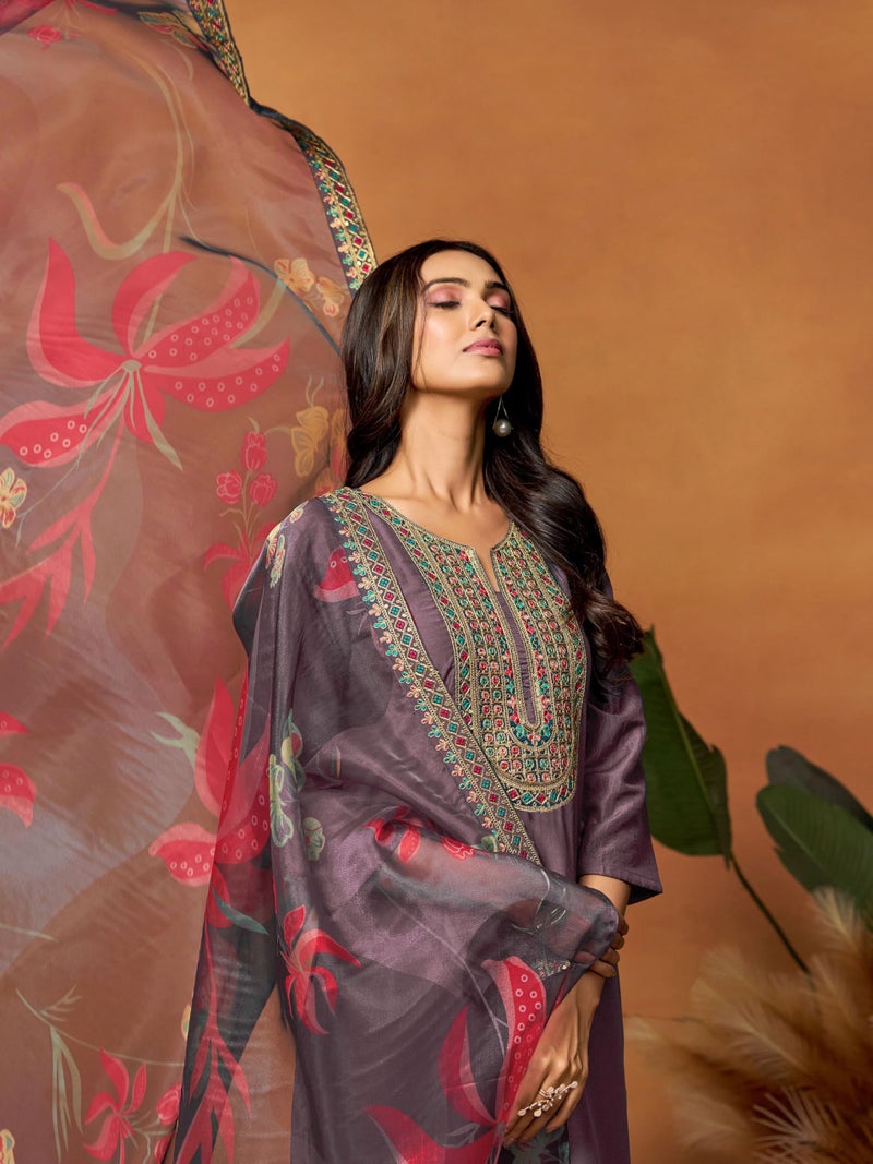 EthnicJunction Women's Chinon Embroidered Kurta Set With Organza Dupatta (SKD101-Vrinda-Purple_M) - Image 2