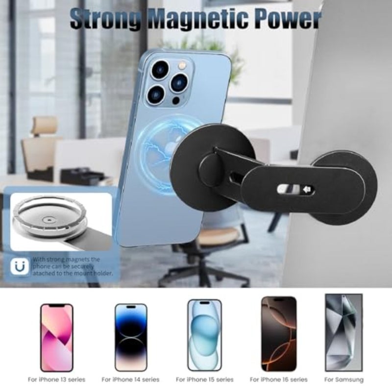 حامل هاتف محمول لسطح المكتب، حامل هاتف مغناطيسي لأجهزة الكمبيوتر المحمول MagSafe لهاتف iPhone 17/16/15/14/13/12 وجميع الهواتف، حامل جانبي للهاتف قابل للتعديل 180 درجة لشاشة الكمبيوتر لـ Tesla باللون الأسود - Image 2