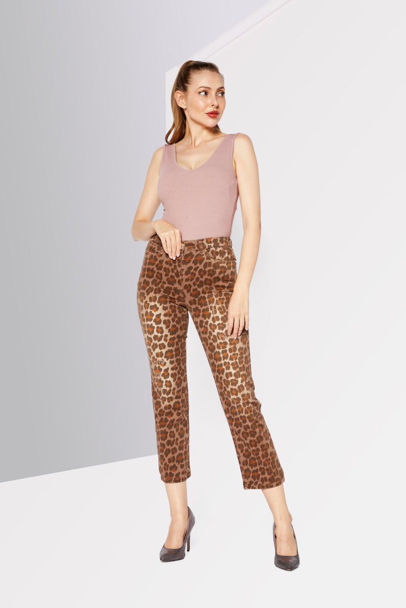PINKO Women Sandy Stretchable Printed Denim Jeans, Brown - Image 2
