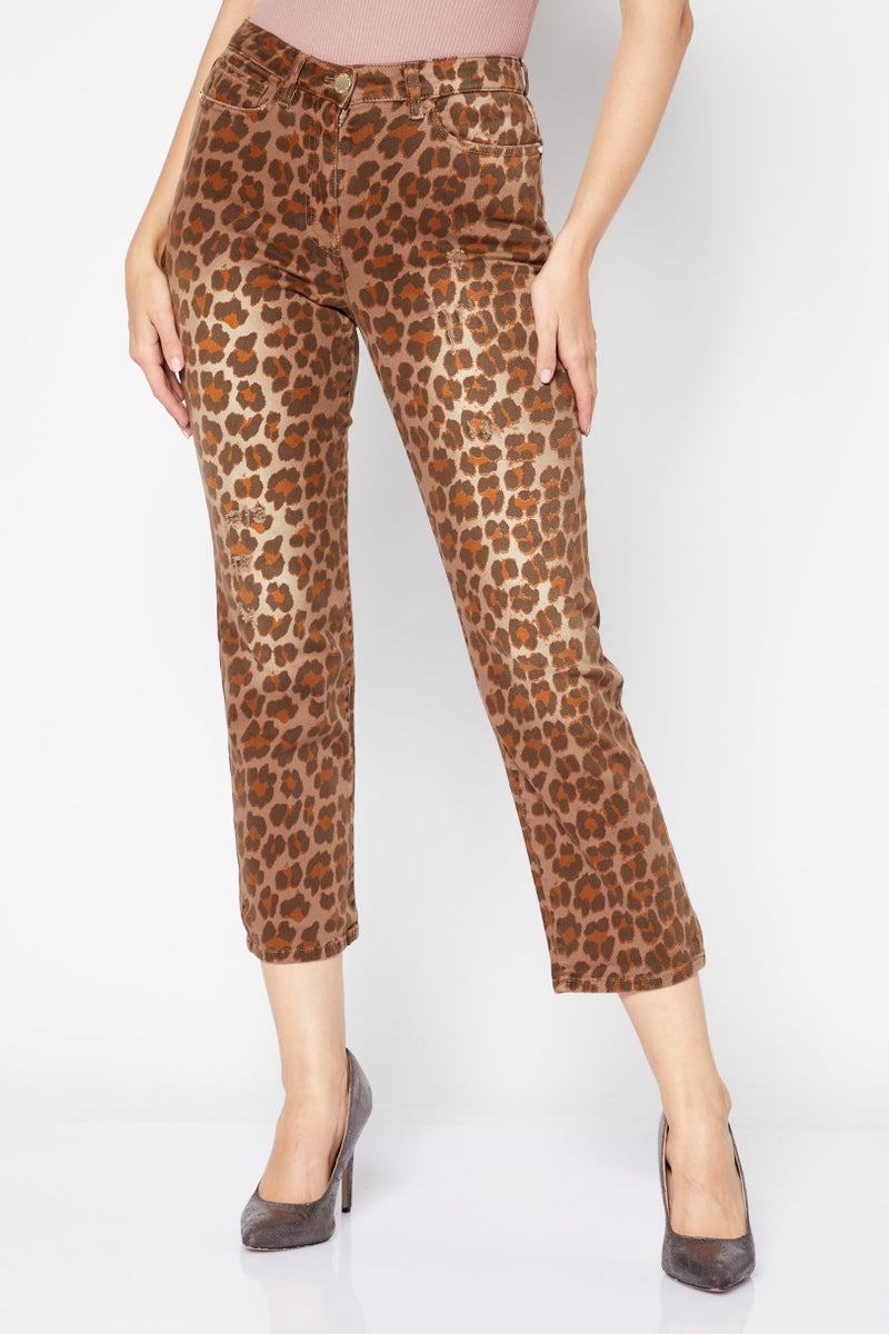 PINKO Women Sandy Stretchable Printed Denim Jeans, Brown - Image 1