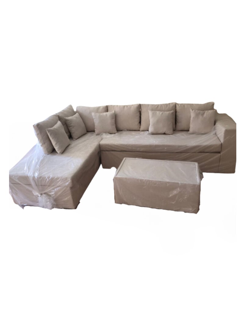 Maharat Al Bahar L Shape-Cerbo Diwan Velvet Sofa Set 5 Seaters With Cushion And Table  Beige 260x80x80  - Image 1