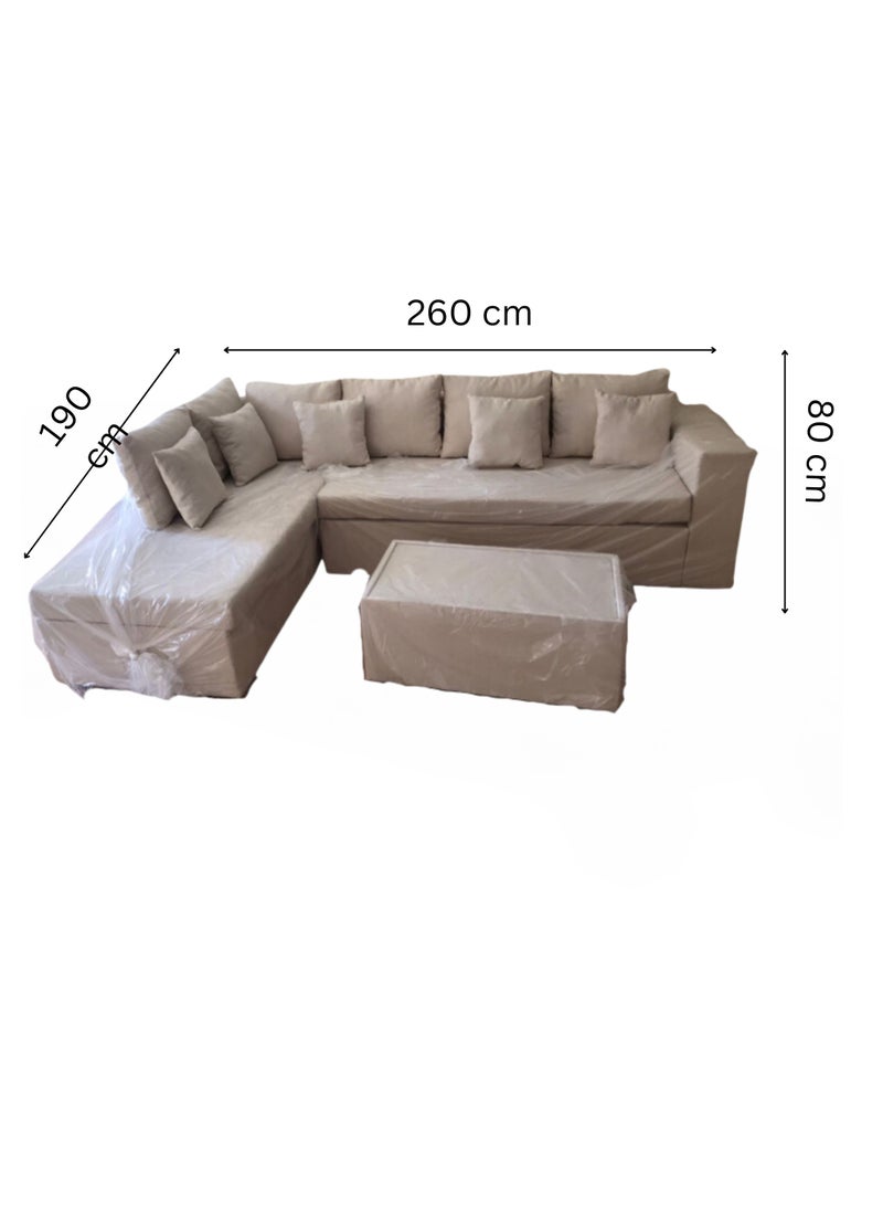 Maharat Al Bahar L Shape-Cerbo Diwan Velvet Sofa Set 5 Seaters With Cushion And Table  Beige 260x80x80  - Image 2