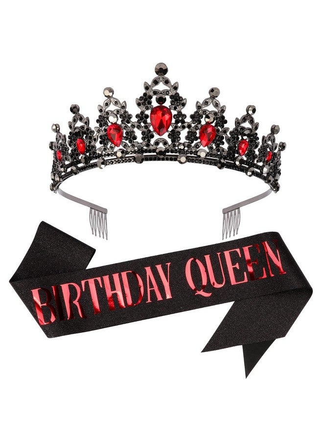 CAVETEE Red Black Birthday Crown and Sash for Women Sash & Rhinestone Tiara Set Red and Black Party Decorations Birthday Queen Crowns Tiaras for Women - Image 1