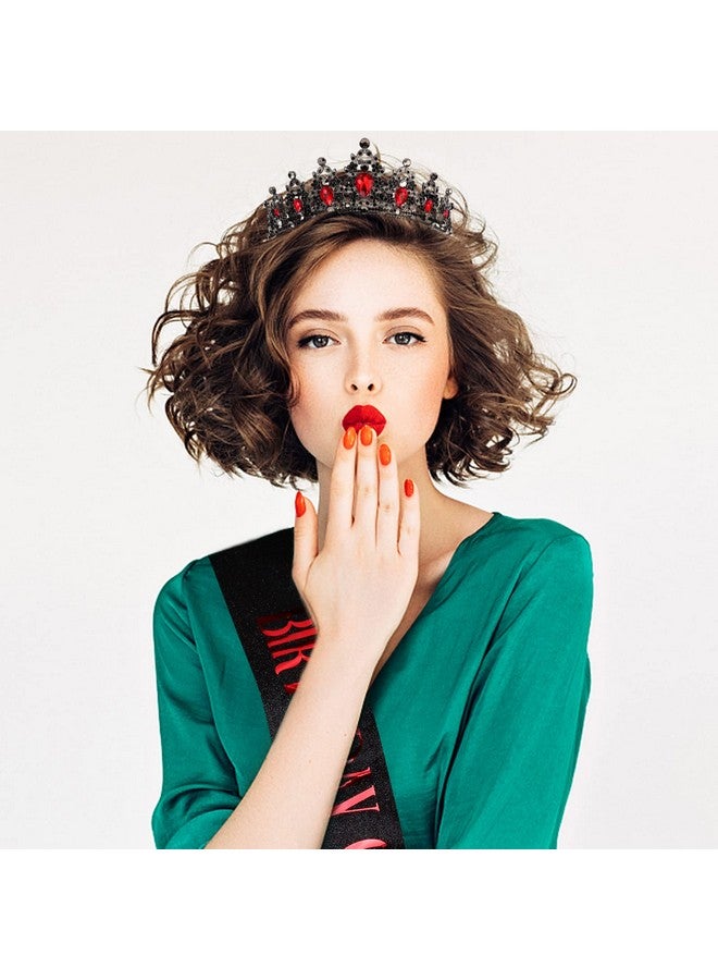 CAVETEE Red Black Birthday Crown and Sash for Women Sash & Rhinestone Tiara Set Red and Black Party Decorations Birthday Queen Crowns Tiaras for Women - Image 4