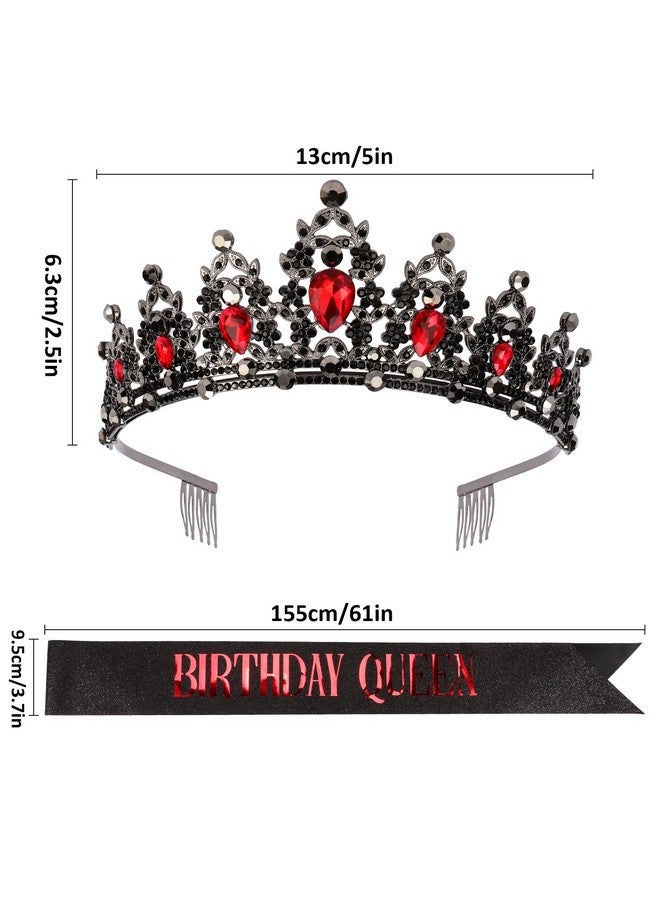 CAVETEE Red Black Birthday Crown and Sash for Women Sash & Rhinestone Tiara Set Red and Black Party Decorations Birthday Queen Crowns Tiaras for Women - Image 5