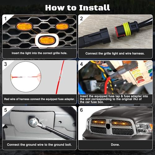 FICOLPO 4 Pcs Led Grill Lights Compatible with 2013-2018 RAM 1500 and 2019-2024 RAM 1500 Classic - LED Front Grille Lights Accessories with Fuse & Harness (Amber Light Black Shell) - Image 5