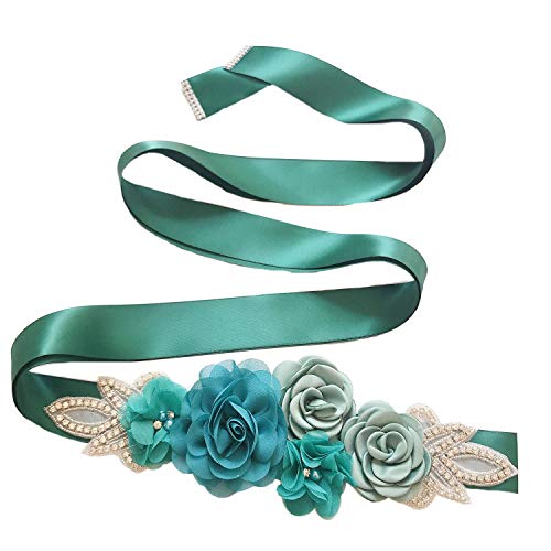 Lauthen.S Sash Belt with Flowers Pearls Rhinestone for Wedding Bride/Baby Shower Dress,Teal - Image 5