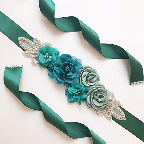 Lauthen.S Sash Belt with Flowers Pearls Rhinestone for Wedding Bride/Baby Shower Dress,Teal - Image 2