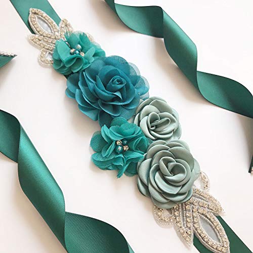 Lauthen.S Sash Belt with Flowers Pearls Rhinestone for Wedding Bride/Baby Shower Dress,Teal - Image 3