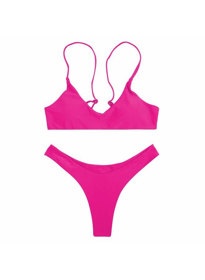 SherryDC Women's Solid Scoop Neck Push up Padded Brazilian Thong Bikini Swimsuit Rosered,M - Image 2