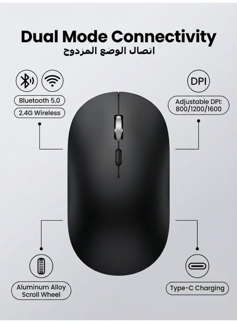 Office mouse, Bluetooth mouse with 2.4G wireless and Bluetooth 5.0, adjustable DPI (800/1200/1600), ergonomic design of aluminum alloy wheels, Type-C charging (600mAh battery), 60 second automatic sleep mode, suitable for laptop/PC/Mac black mouse