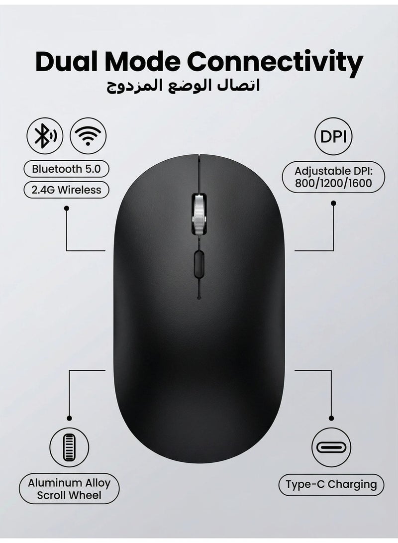 AOR Esports Office mouse, Bluetooth mouse with 2.4G wireless and Bluetooth 5.0, adjustable DPI (800/1200/1600), ergonomic design of aluminum alloy wheels, Type-C charging (600mAh battery), 60 second automatic sleep mode, suitable for laptop/PC/Mac black mouse - Image 1
